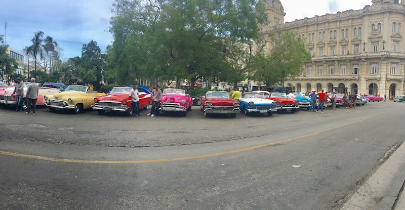 Several sherbet colored 1950s classic cars line up on a Cuban street